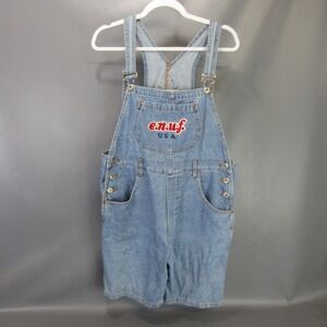 E.N.U.F. Denim Overalls Shorts Embroidered Logo Vintage 90s Style Women's L
